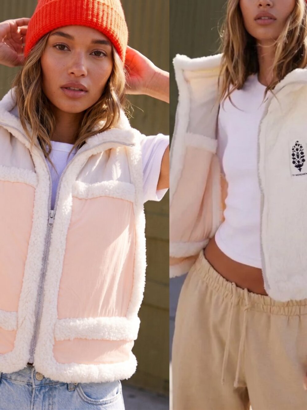 Free People FP Movement Fleece Sherpa Contrast Trim Vest Peach Cream Medium M